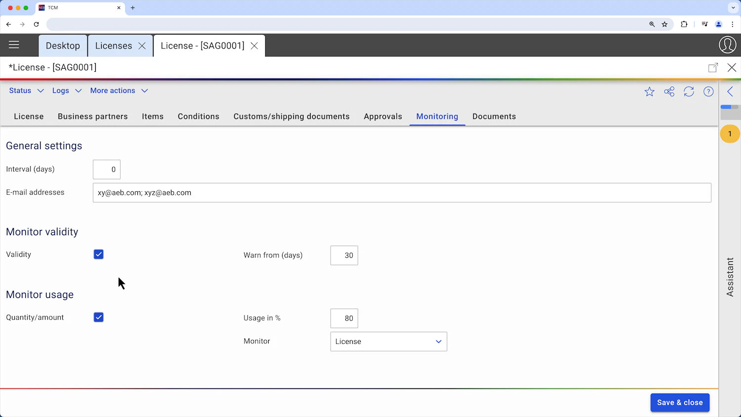 screenshot of AEB License Management